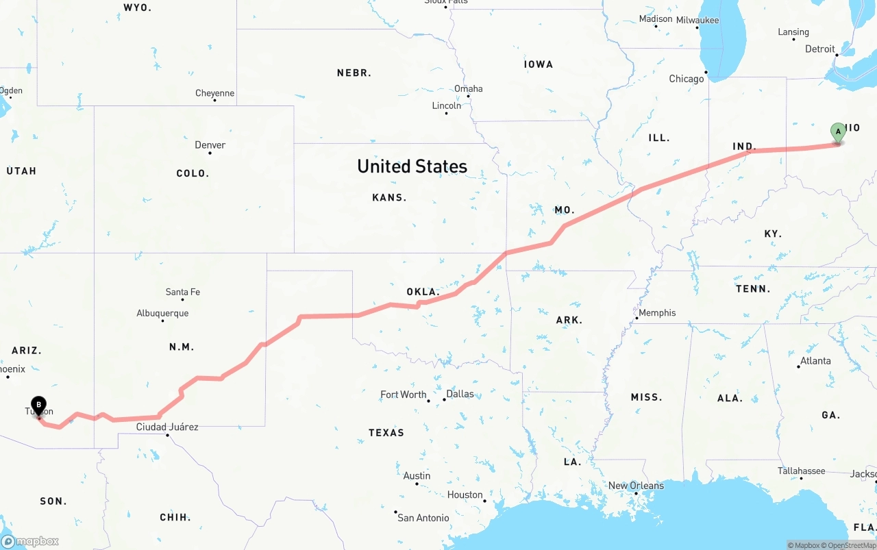 Shipping route from Columbus to Tucson