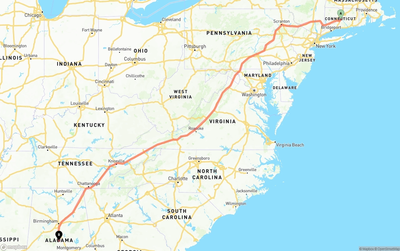 Shipping route from Connecticut to Alabama