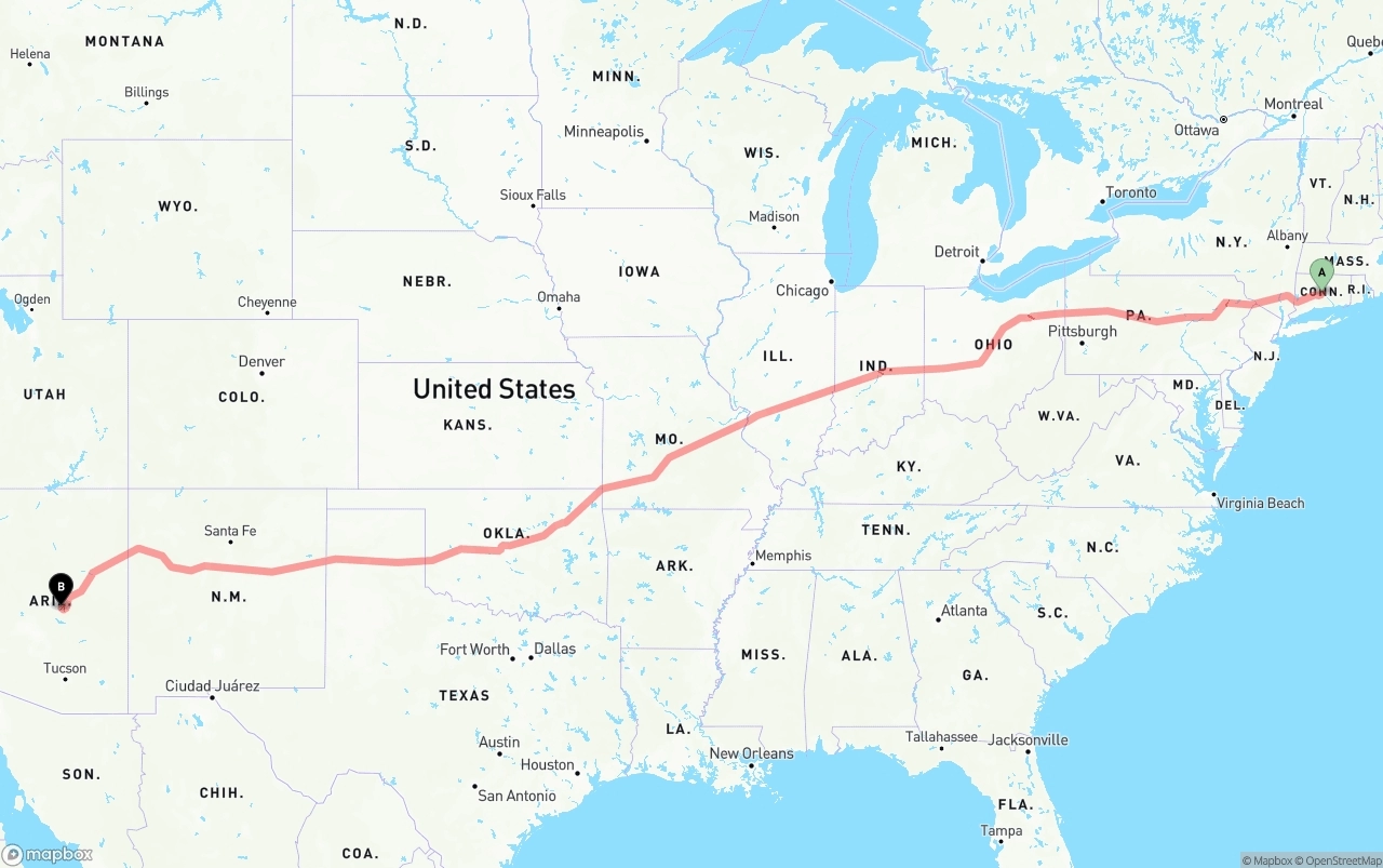 Shipping route from Connecticut to Arizona