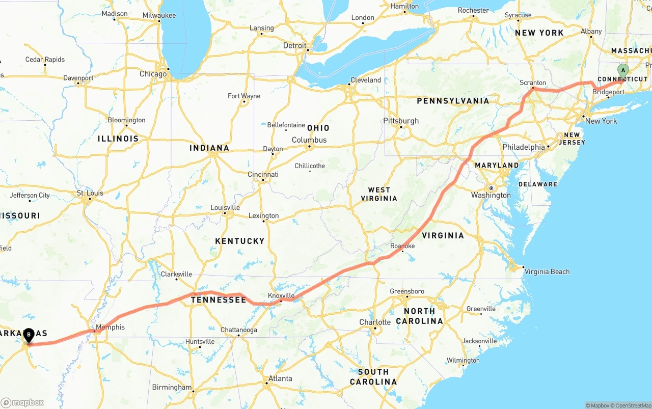 Shipping route from Connecticut to Arkansas