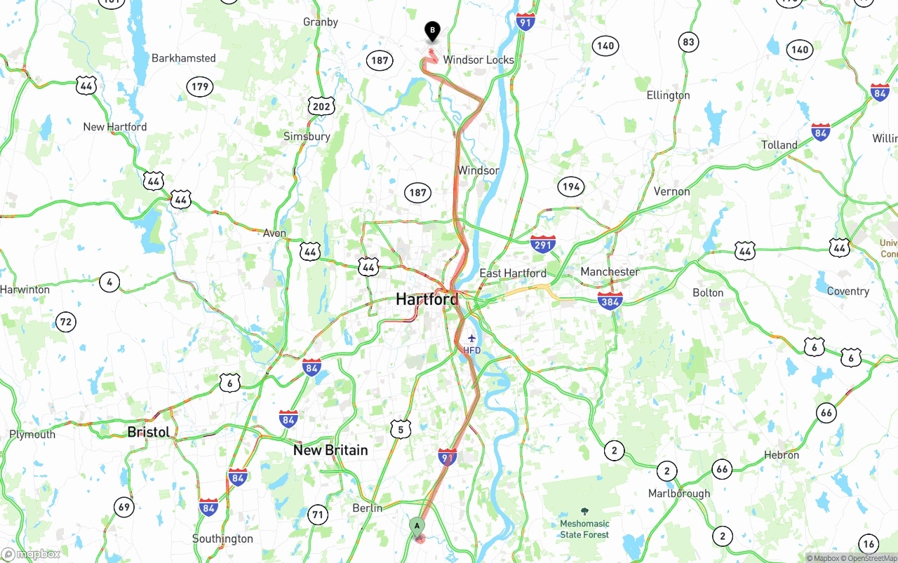 Shipping route from Connecticut to Bradley International Airport