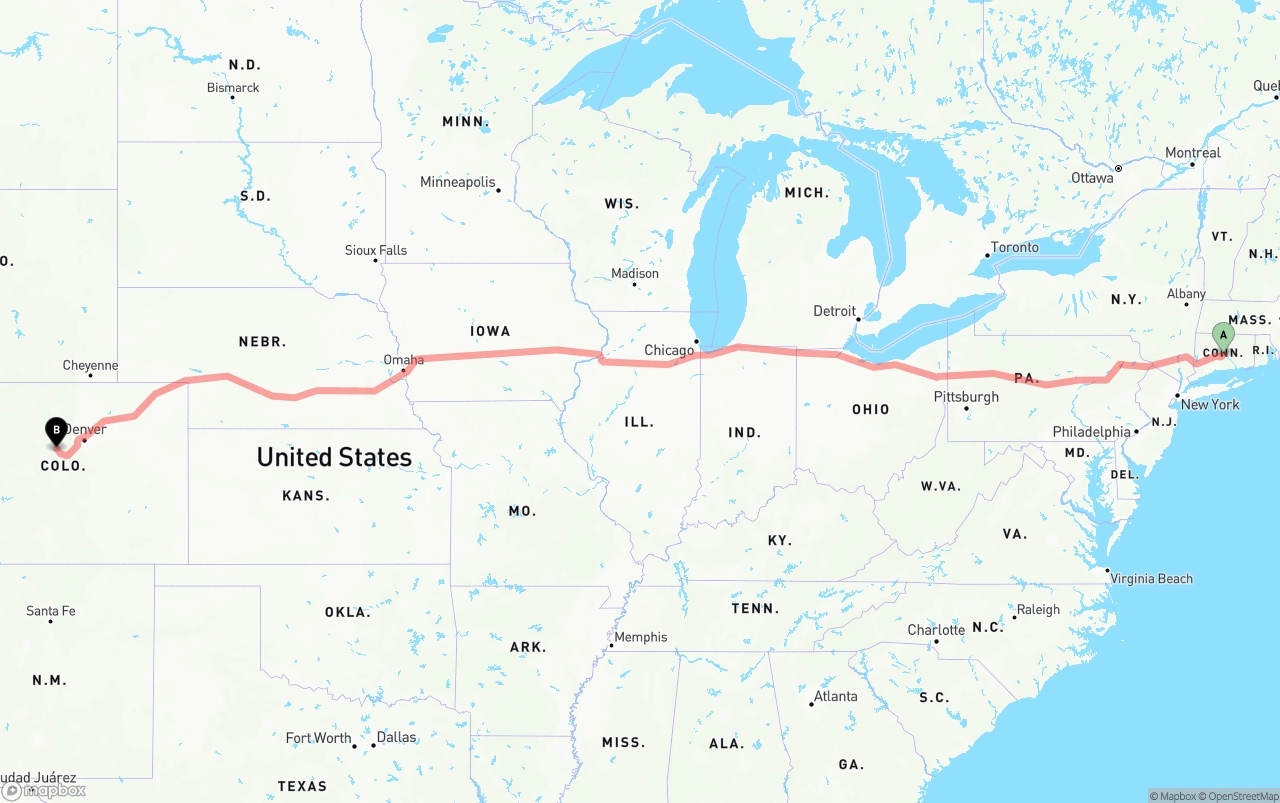 Shipping route from Connecticut to Colorado