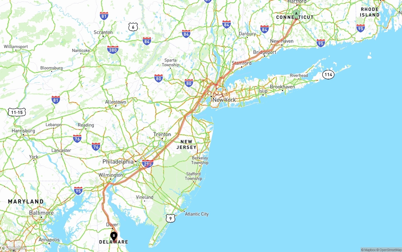 Shipping route from Connecticut to Delaware