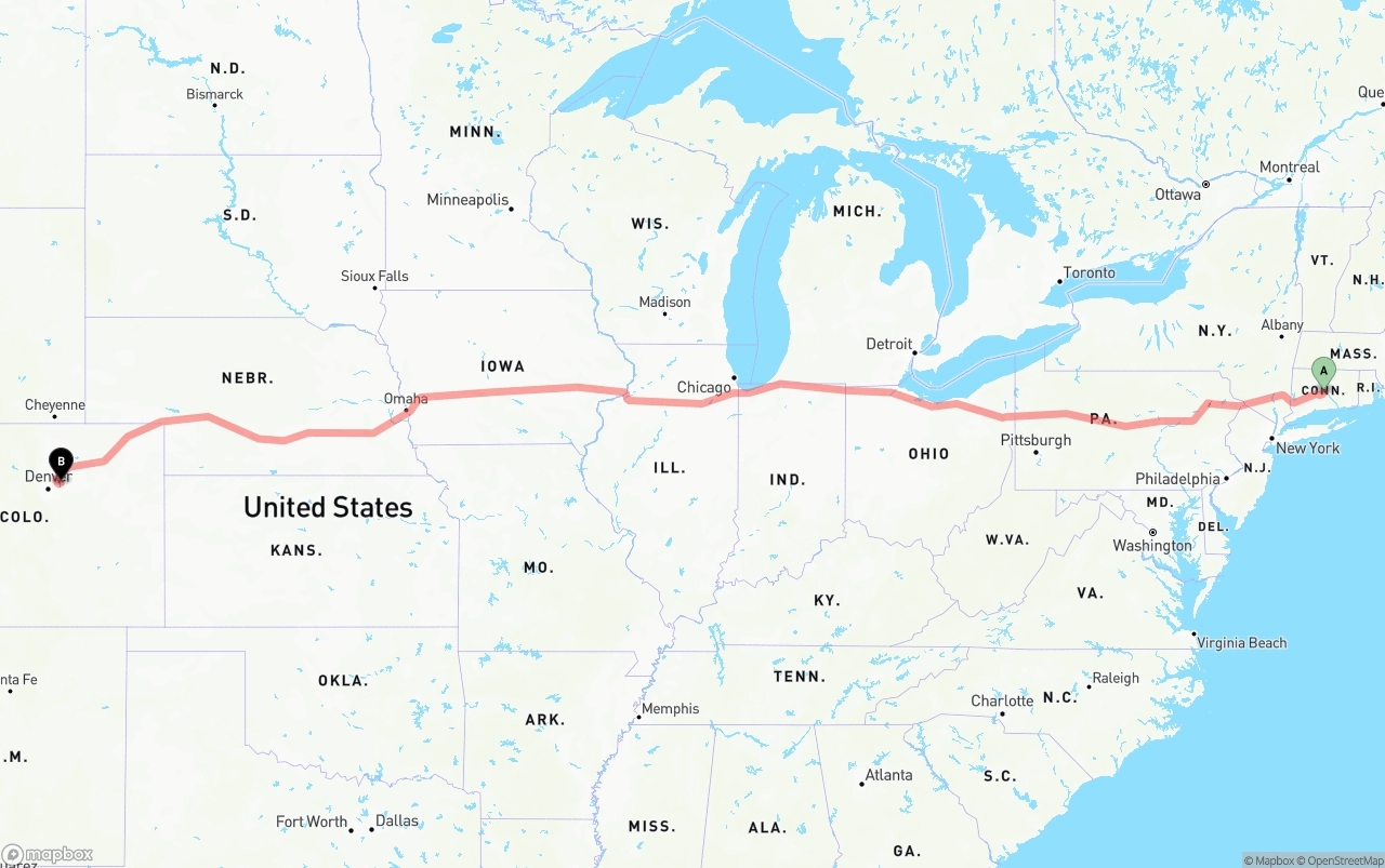 Shipping route from Connecticut to Denver International Airport