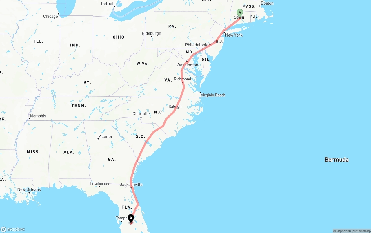 Shipping route from Connecticut to Florida