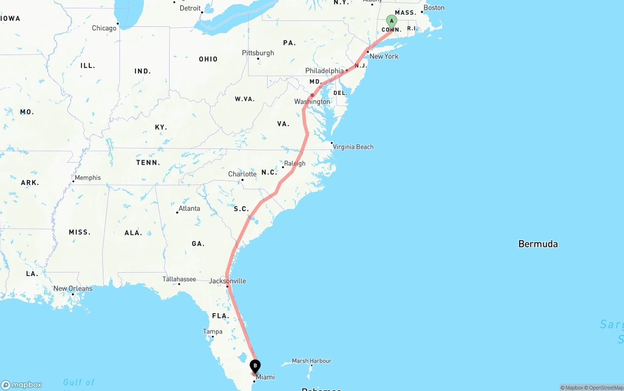 Shipping route from Connecticut to Fort Lauderdale-Hollywood International Airport