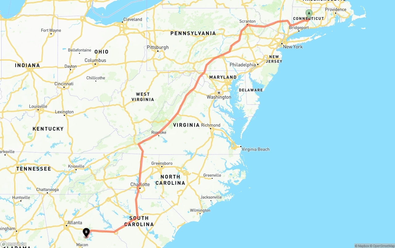 Shipping route from Connecticut to Georgia