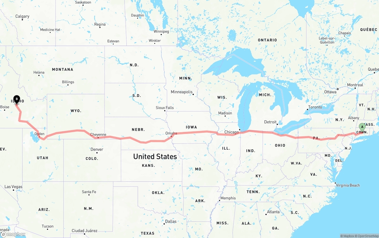 Shipping route from Connecticut to Idaho