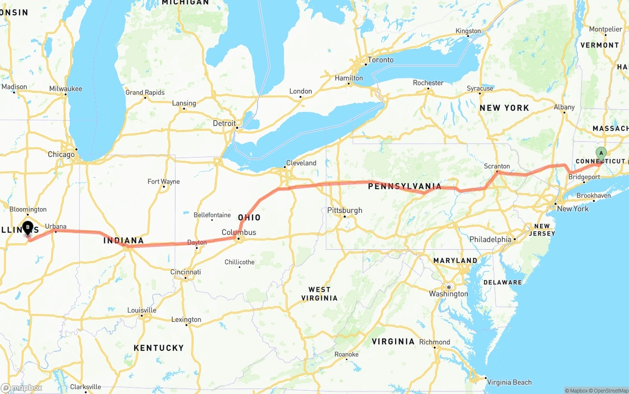 Shipping route from Connecticut to Illinois