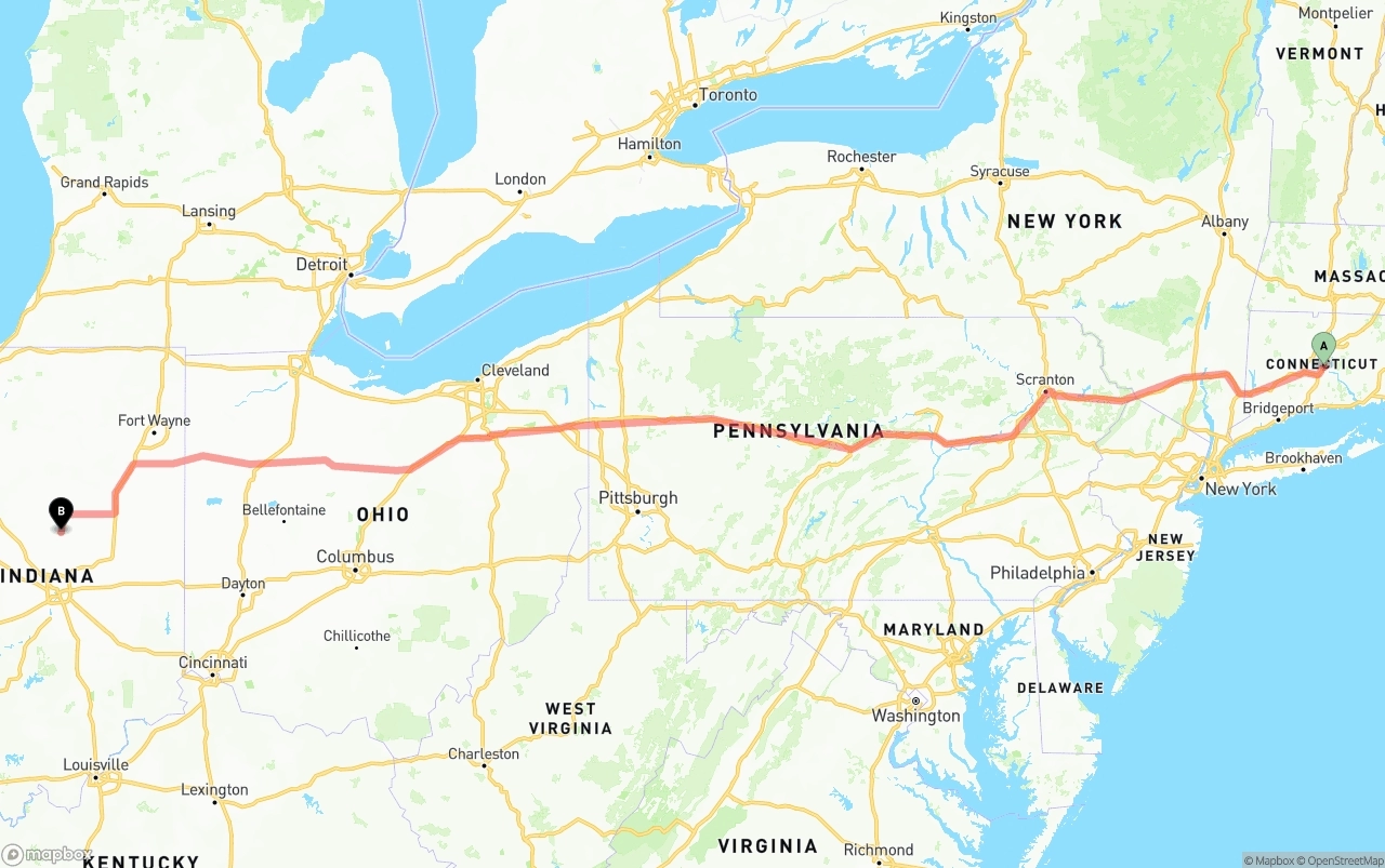 Shipping route from Connecticut to Indiana