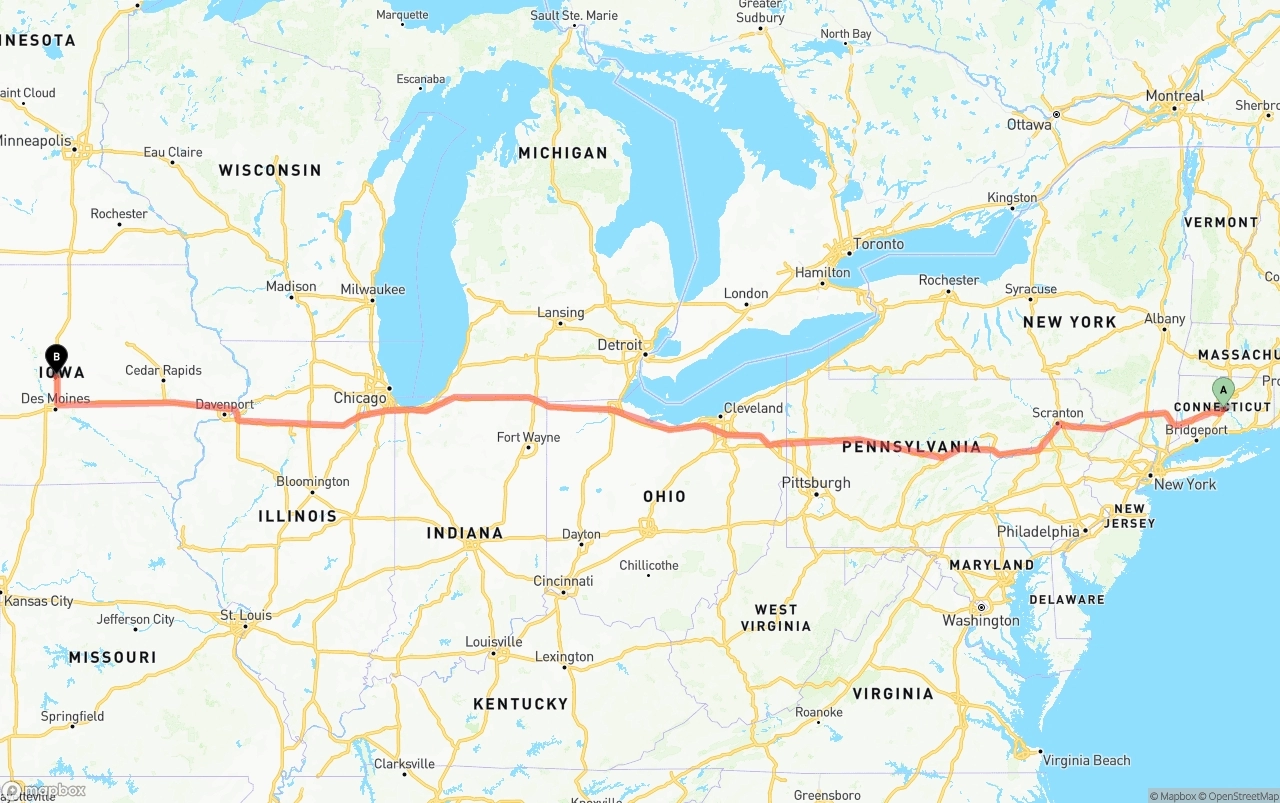 Shipping route from Connecticut to Iowa