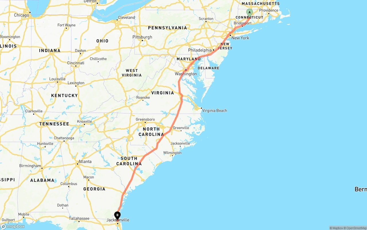 Shipping route from Connecticut to Jacksonville International Airport