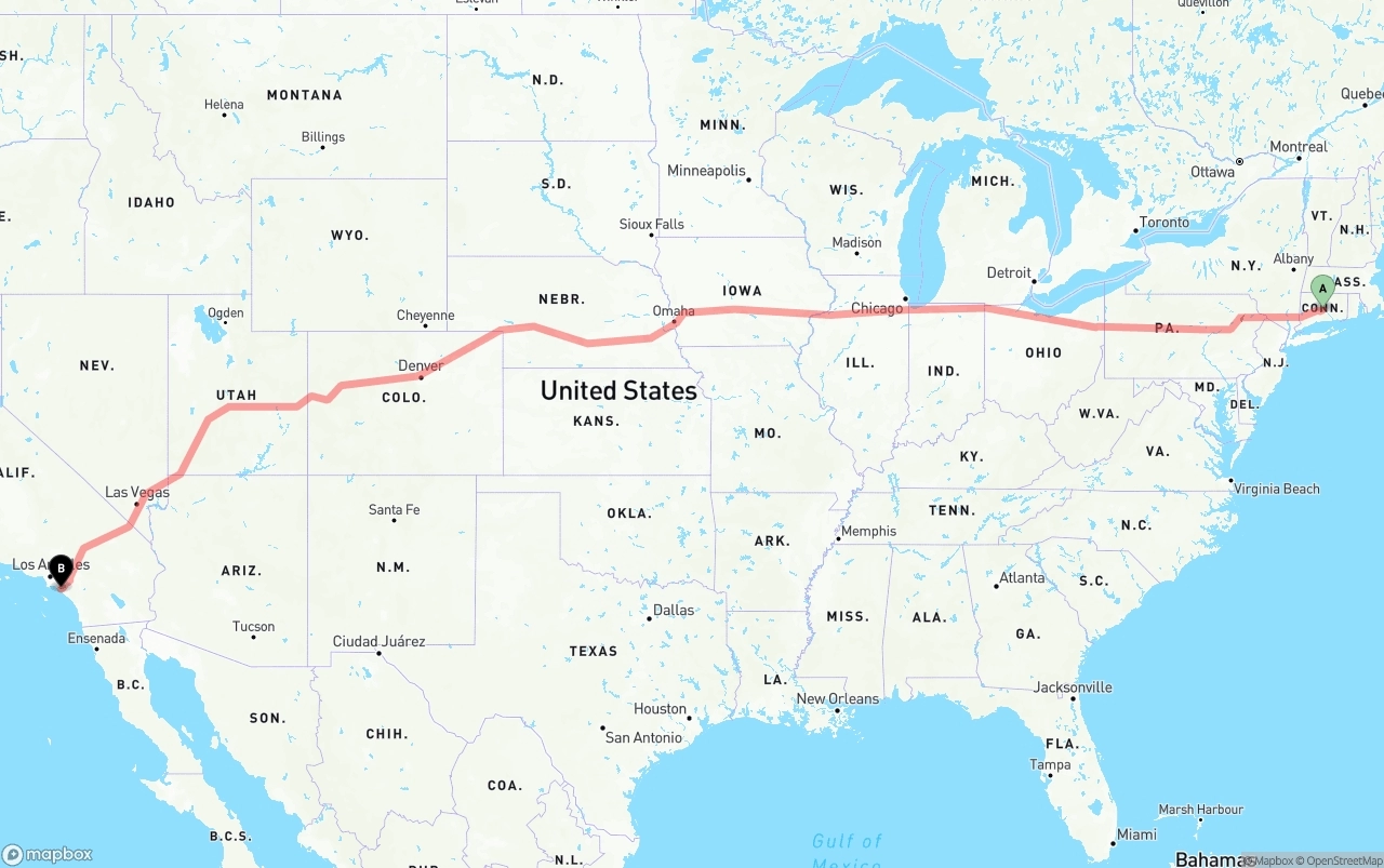 Shipping route from Connecticut to John Wayne Airport — Orange County