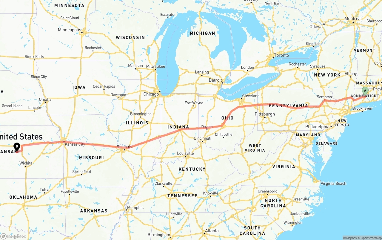Shipping route from Connecticut to Kansas