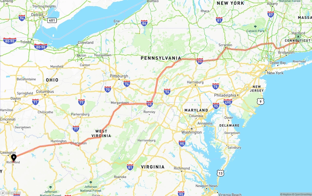 Shipping route from Connecticut to Kentucky