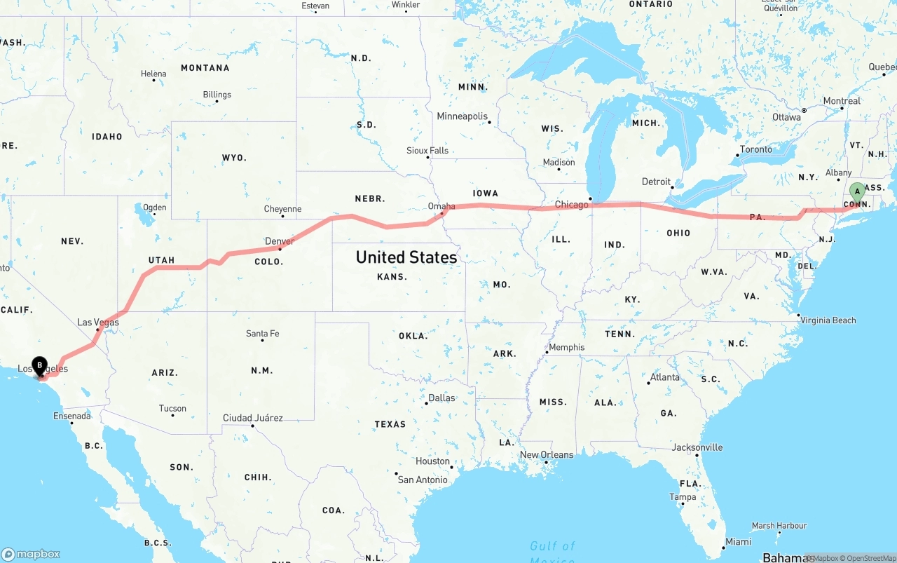 Shipping route from Connecticut to Los Angeles International Airport