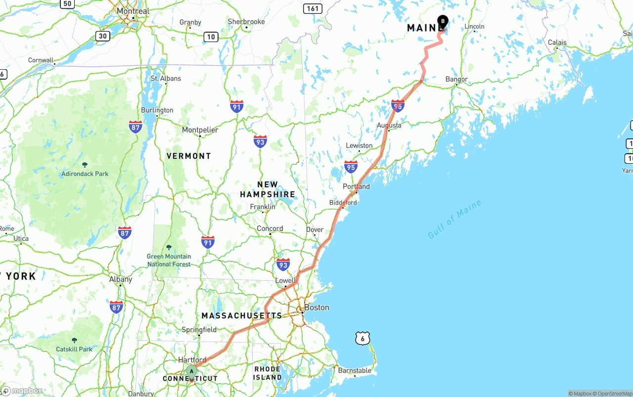 Shipping route from Connecticut to Maine