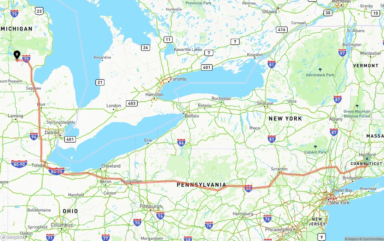 Shipping route from Connecticut to Michigan