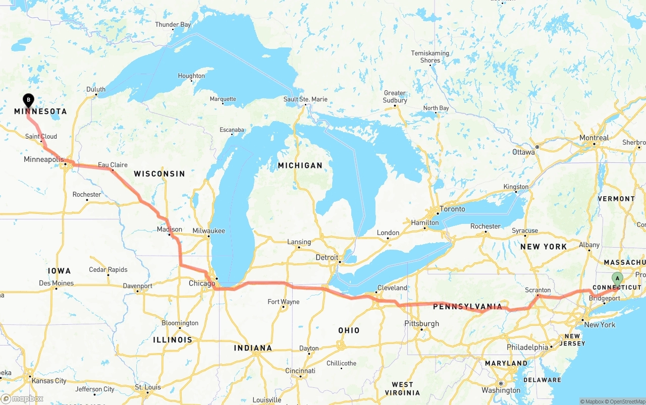 Shipping route from Connecticut to Minnesota