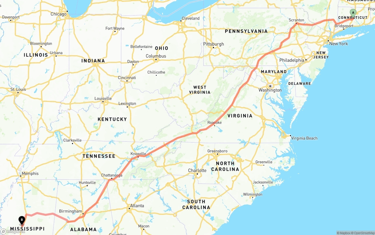 Shipping route from Connecticut to Mississippi