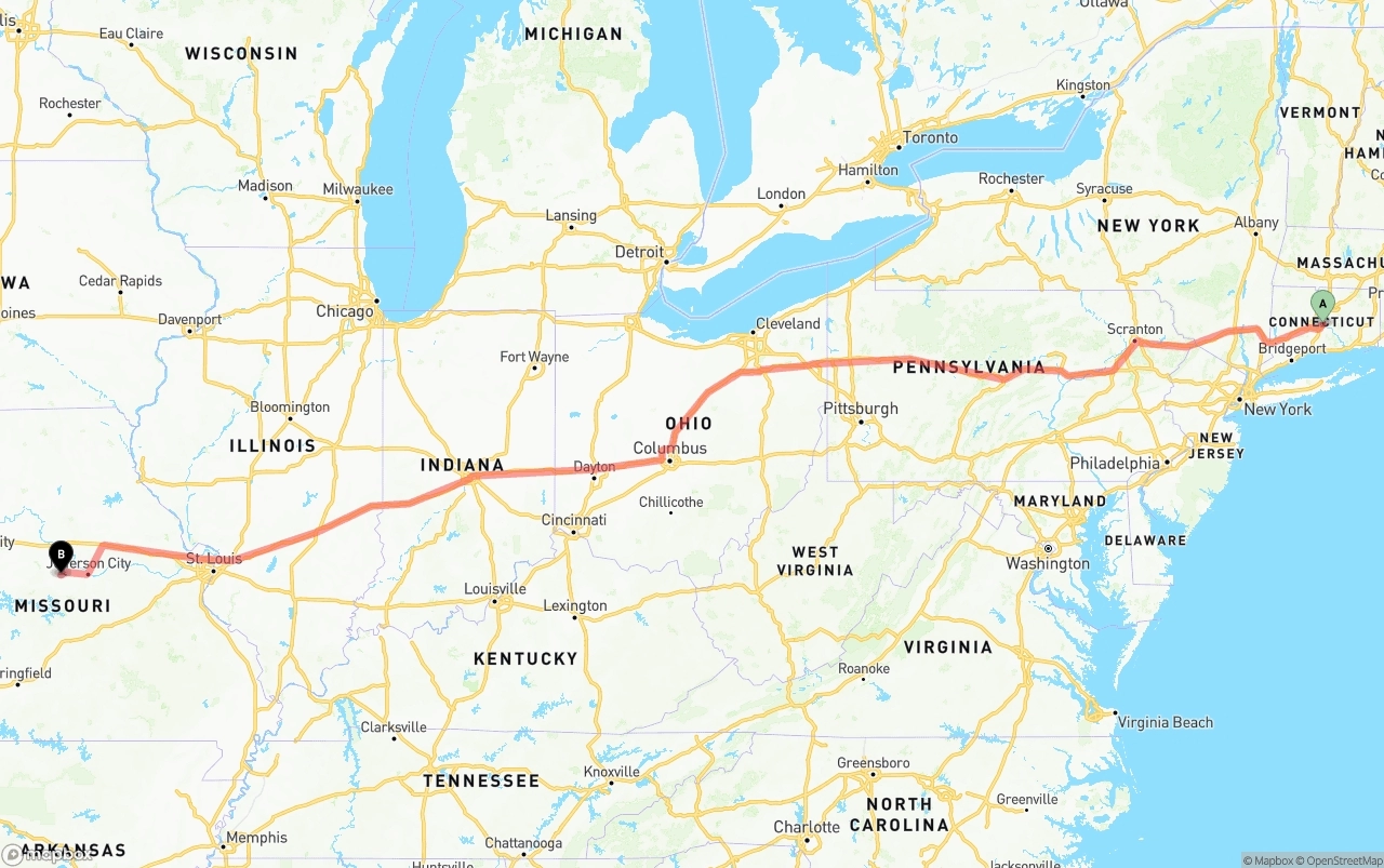 Shipping route from Connecticut to Missouri