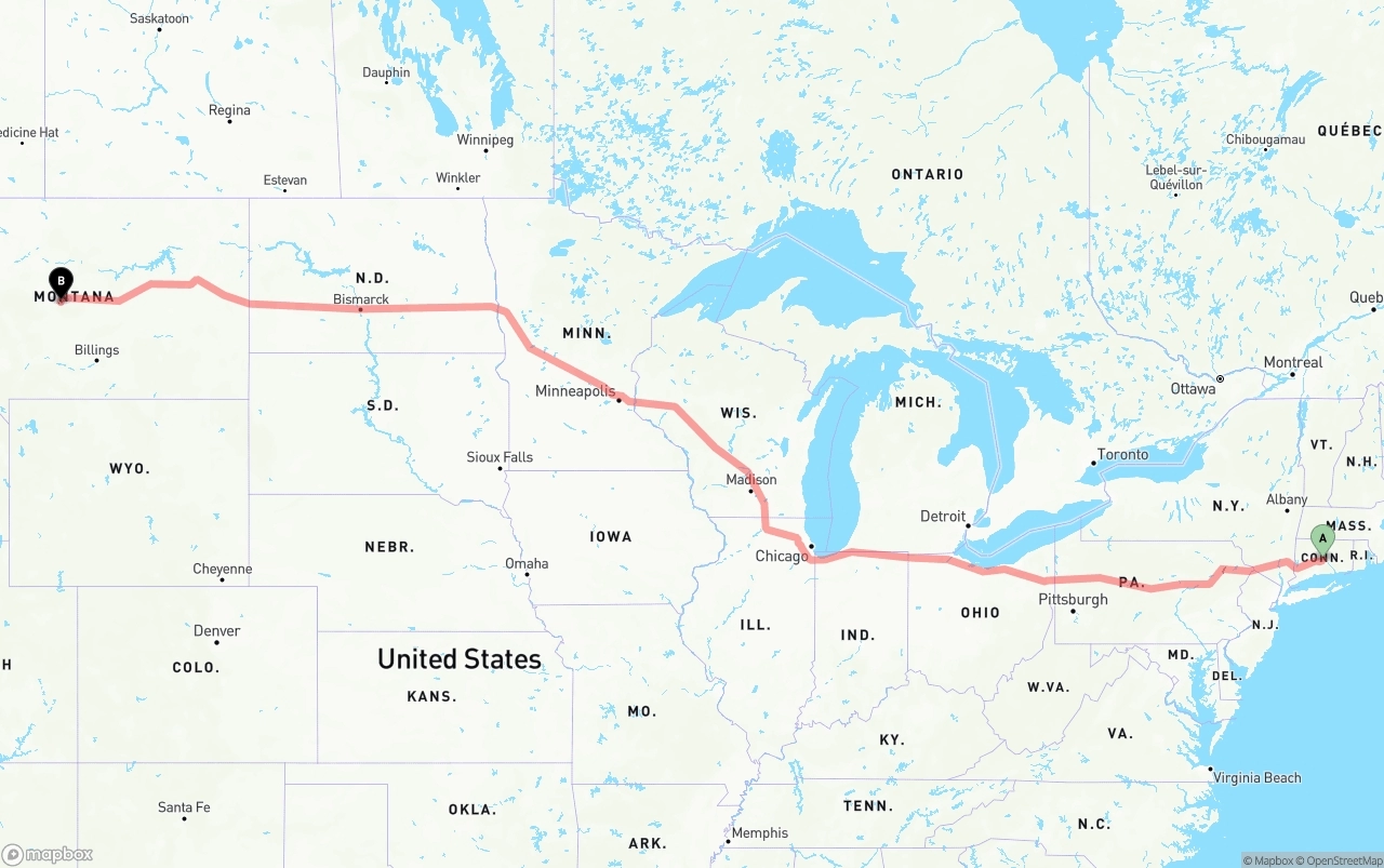 Shipping route from Connecticut to Montana