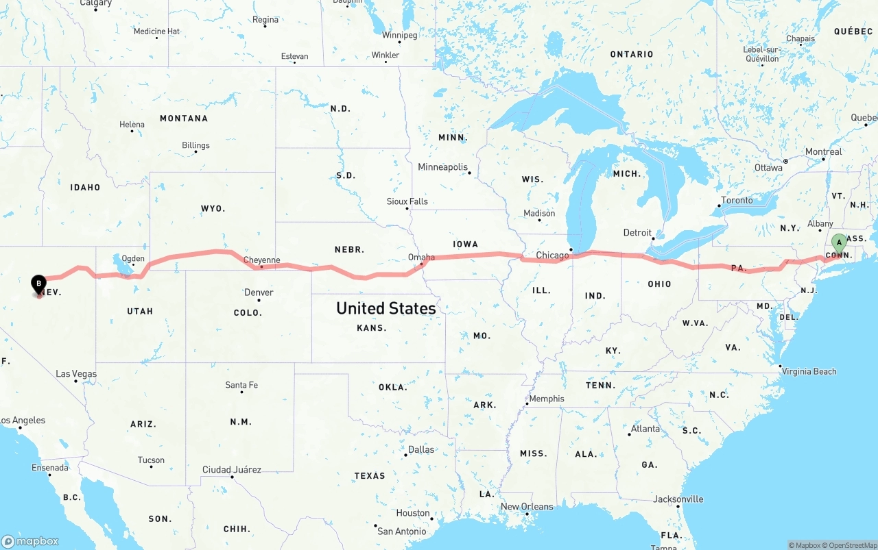 Shipping route from Connecticut to Nevada