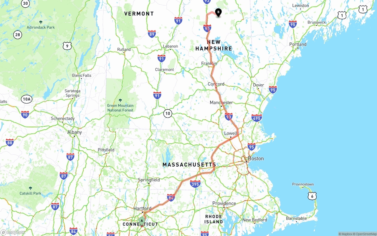 Shipping route from Connecticut to New Hampshire