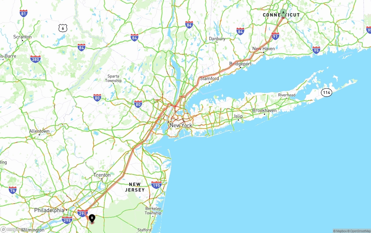 Shipping route from Connecticut to New Jersey