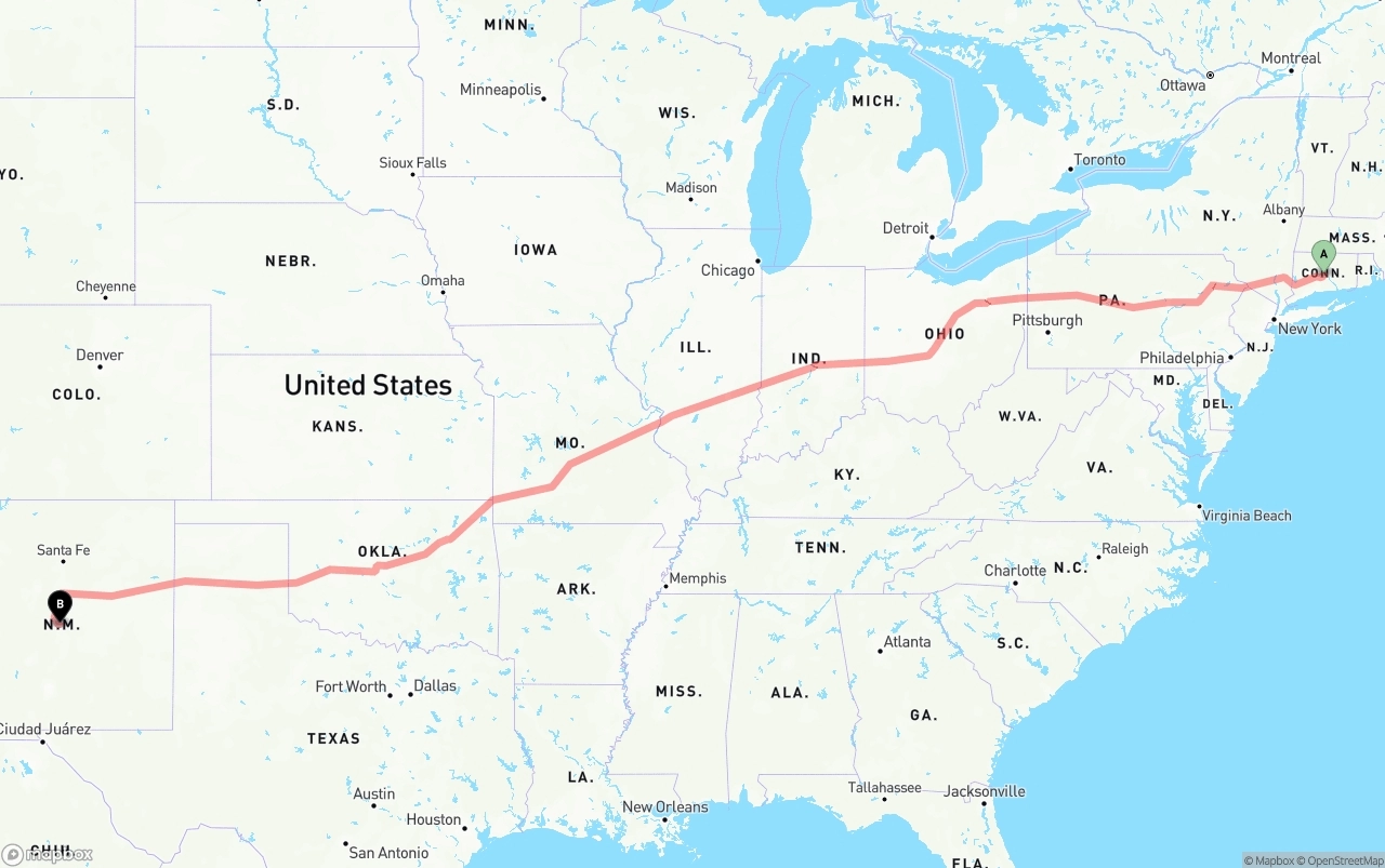 Shipping route from Connecticut to New Mexico