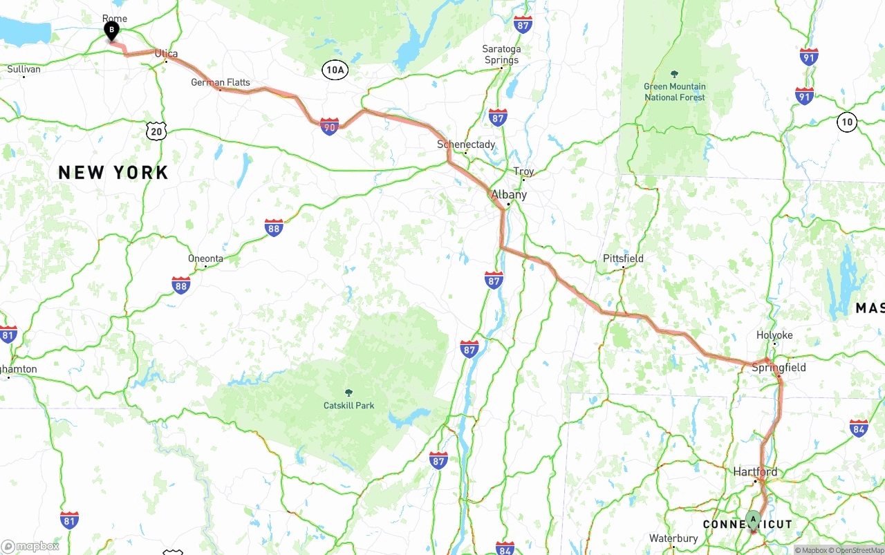 Shipping route from Connecticut to New York