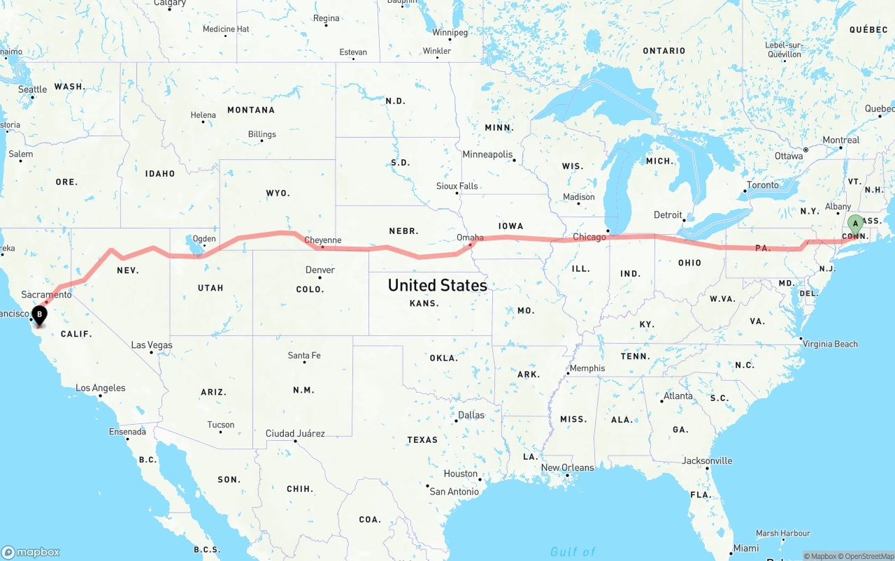 Shipping route from Connecticut to Norman Y. Mineta San Jose International Airport