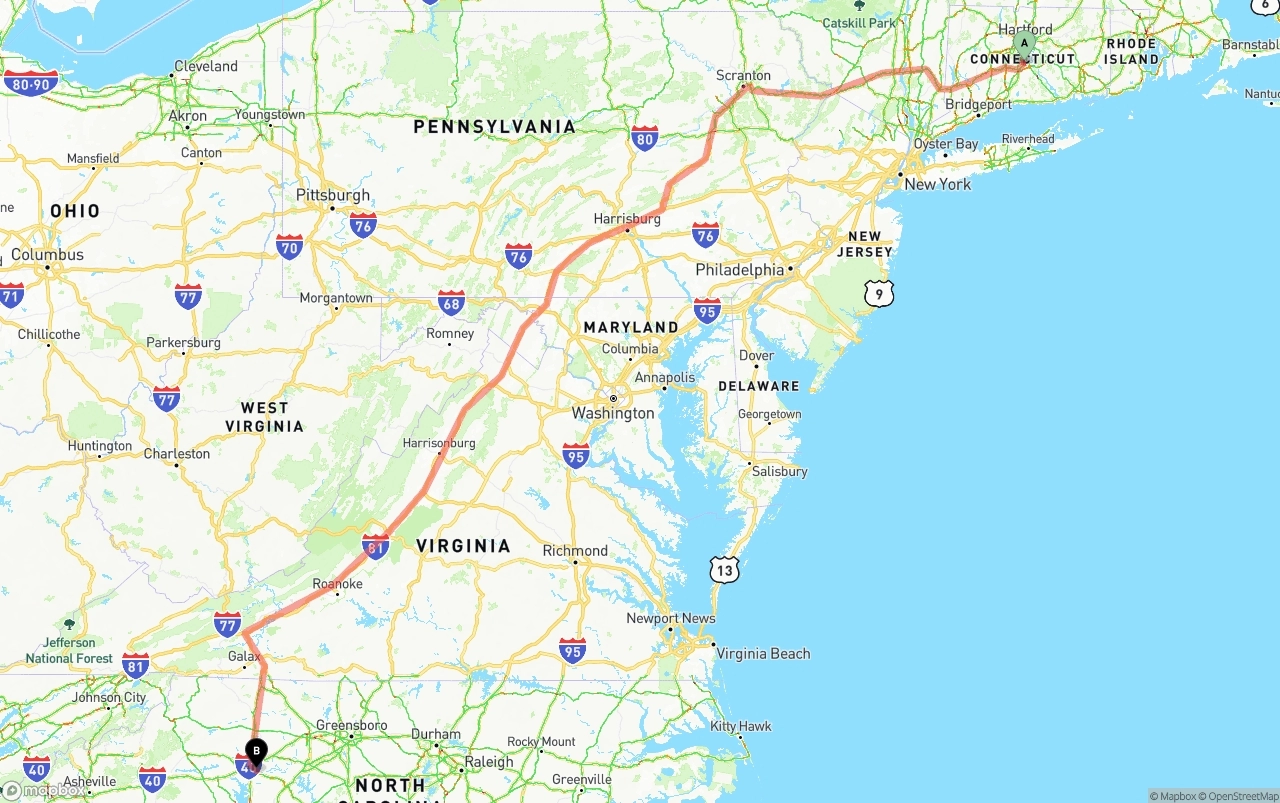 Shipping route from Connecticut to North Carolina