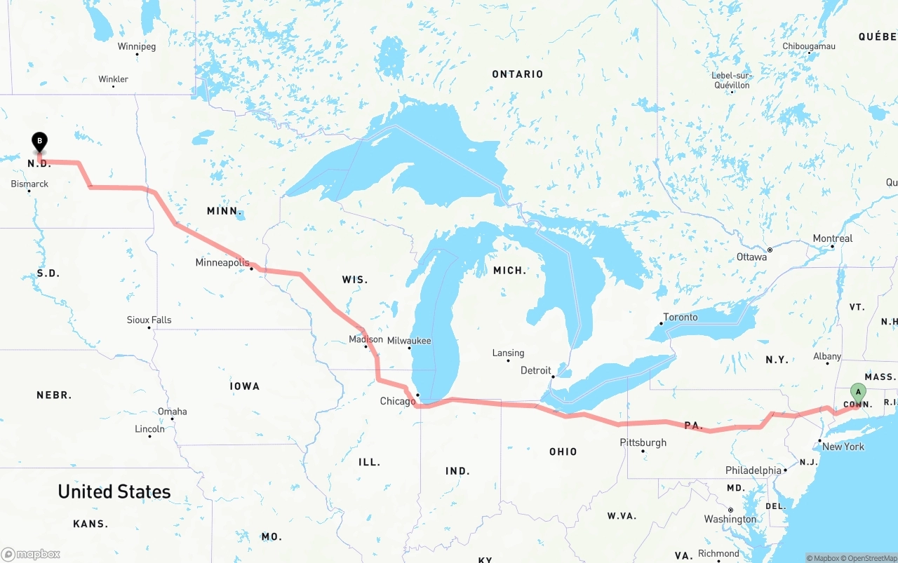 Shipping route from Connecticut to North Dakota