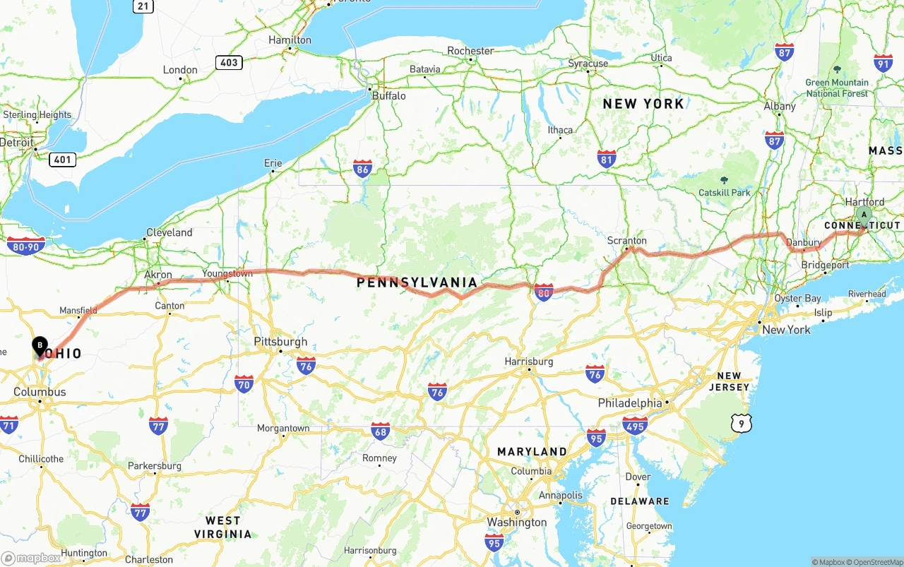 Shipping route from Connecticut to Ohio