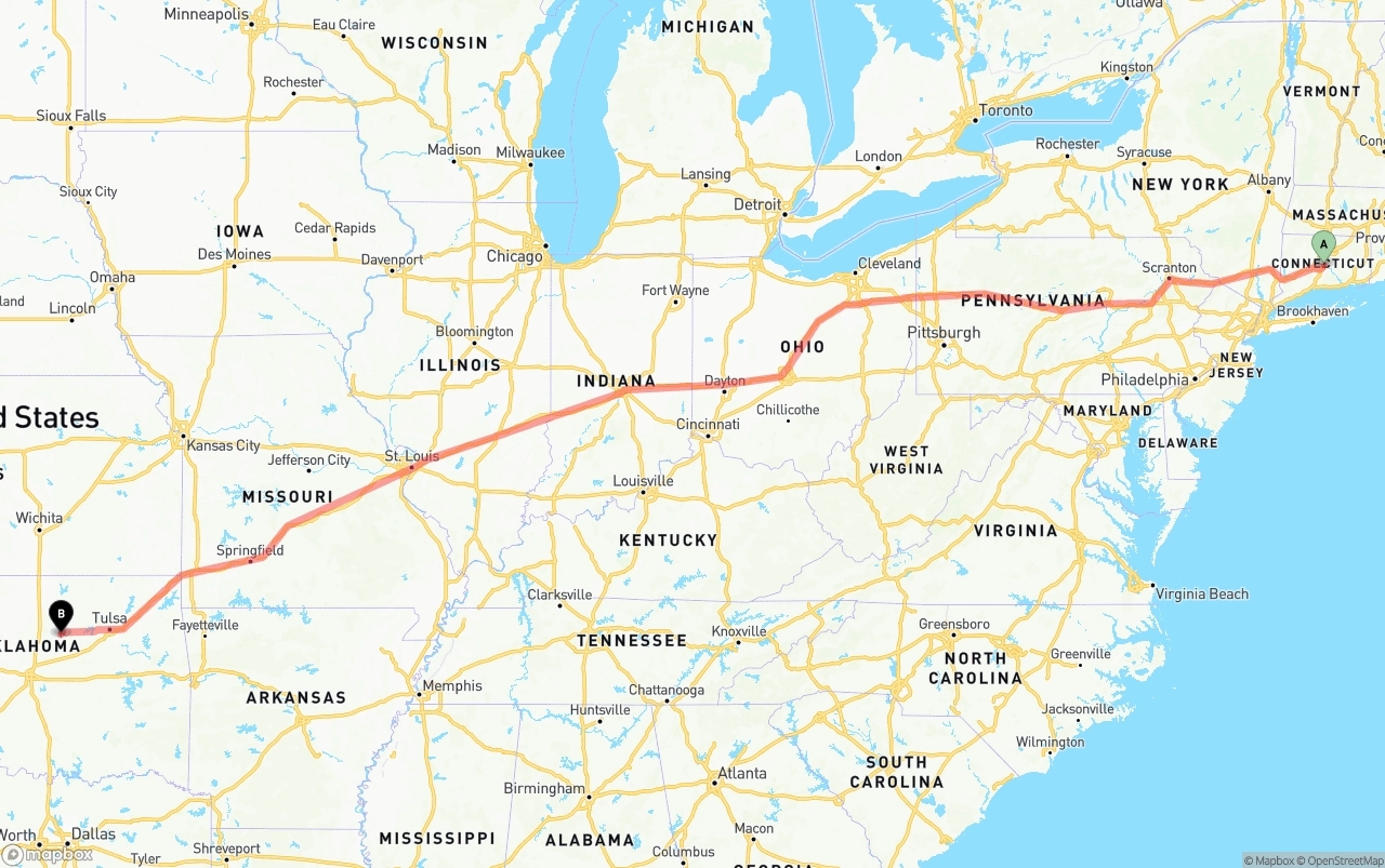 Shipping route from Connecticut to Oklahoma