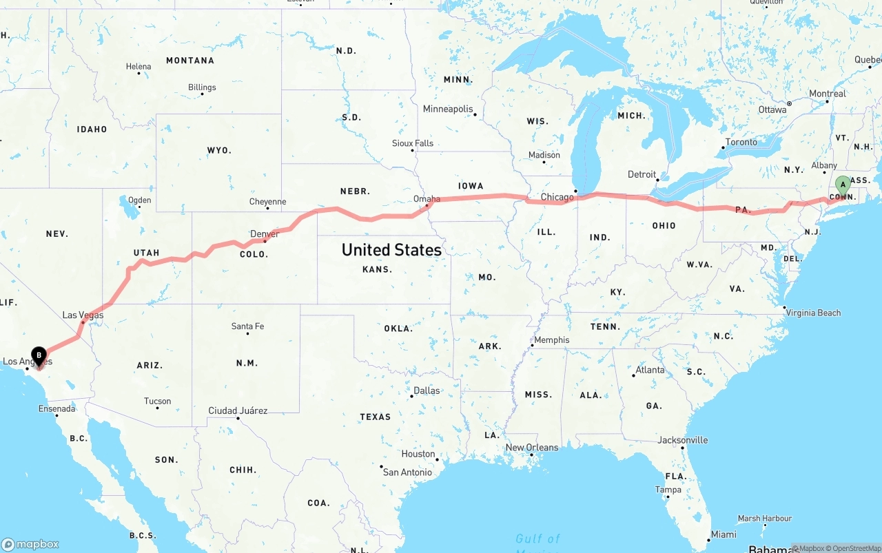 Shipping route from Connecticut to Ontario International Airport