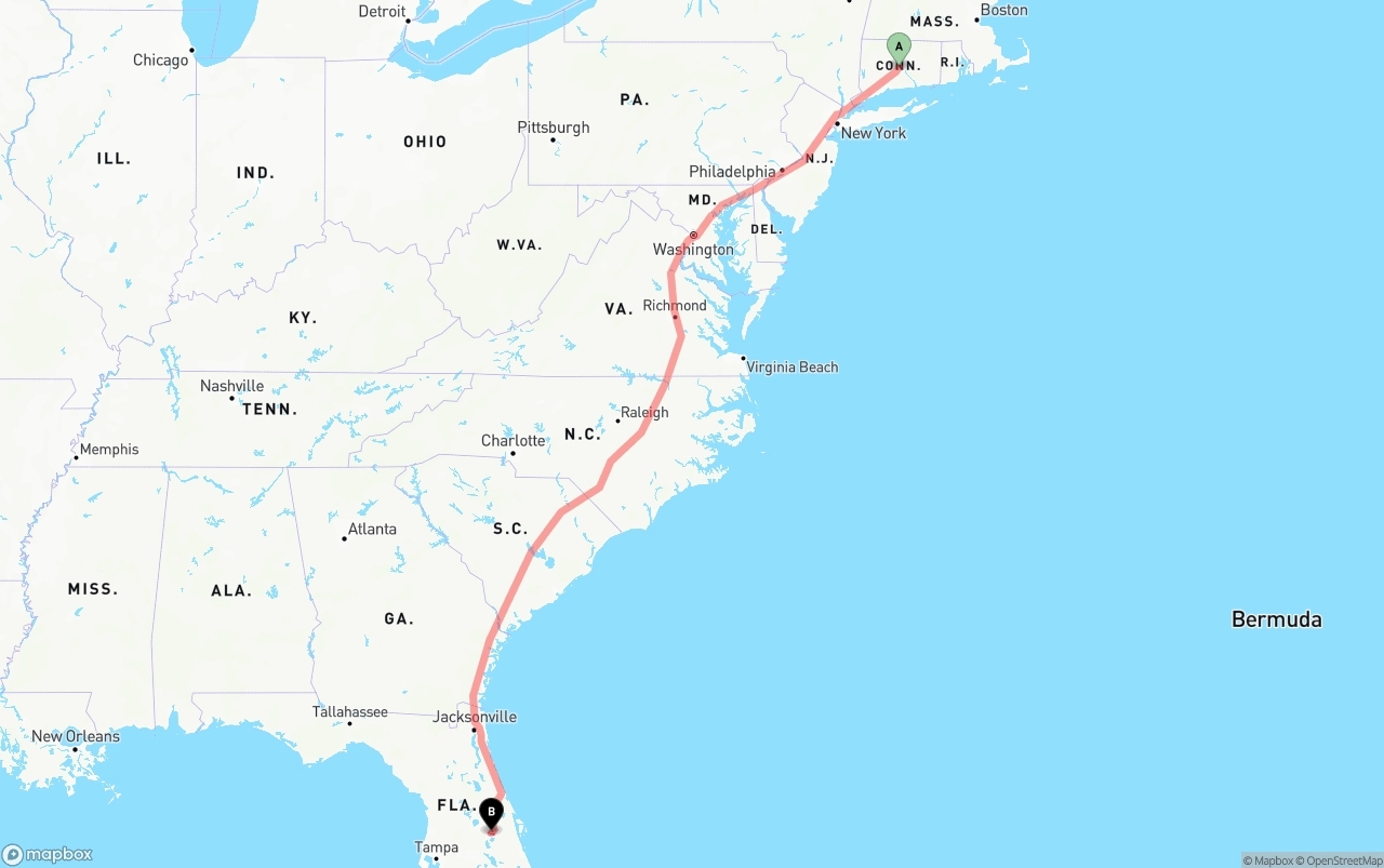 Shipping route from Connecticut to Orlando International Airport
