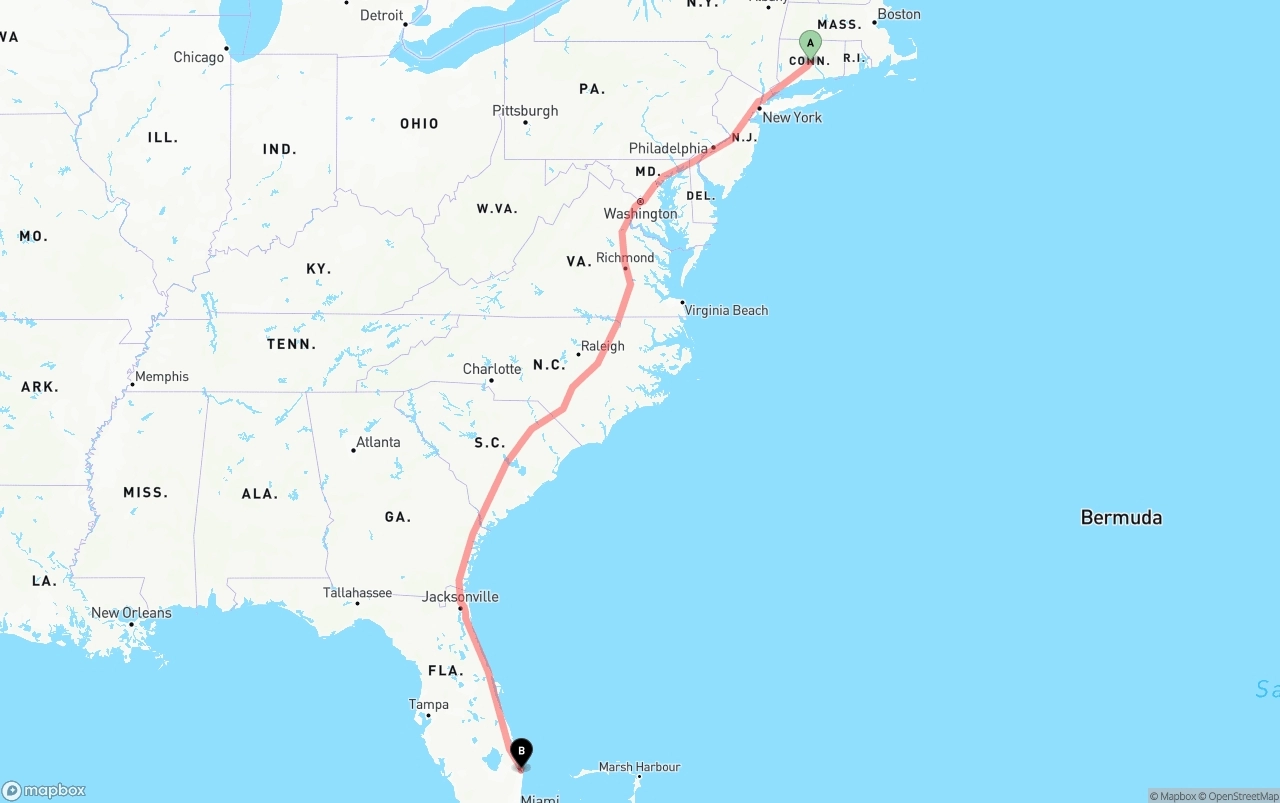 Shipping route from Connecticut to Palm Beach International Airport