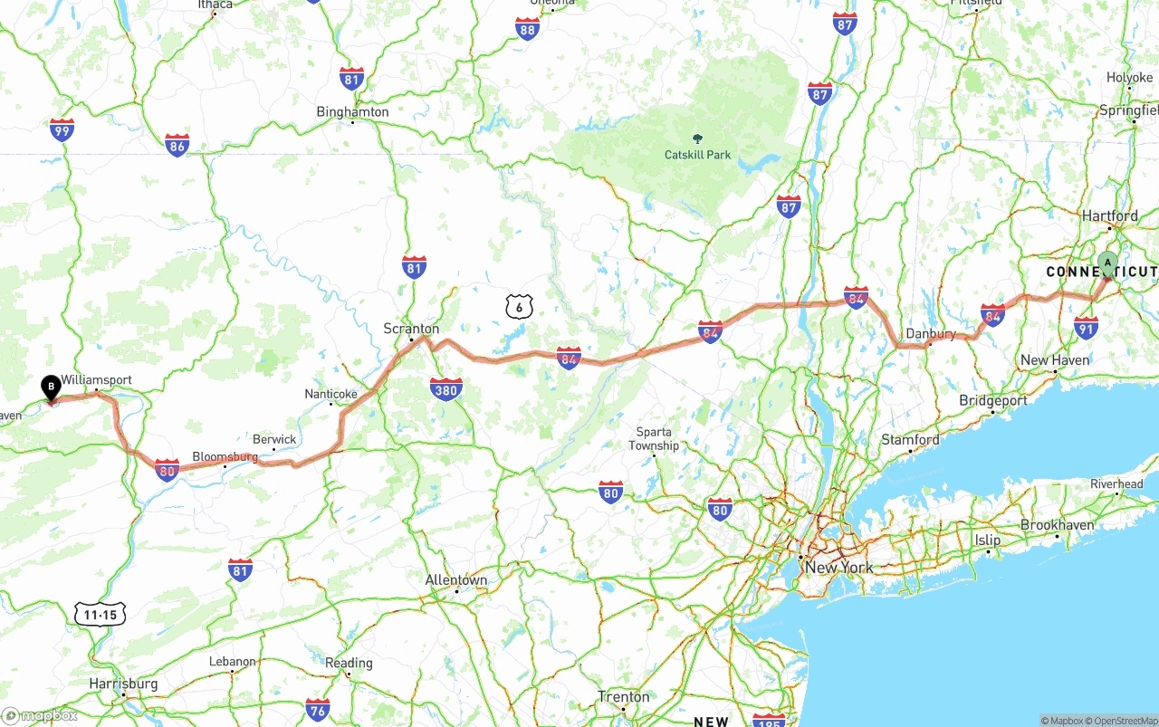 Shipping route from Connecticut to Pennsylvania