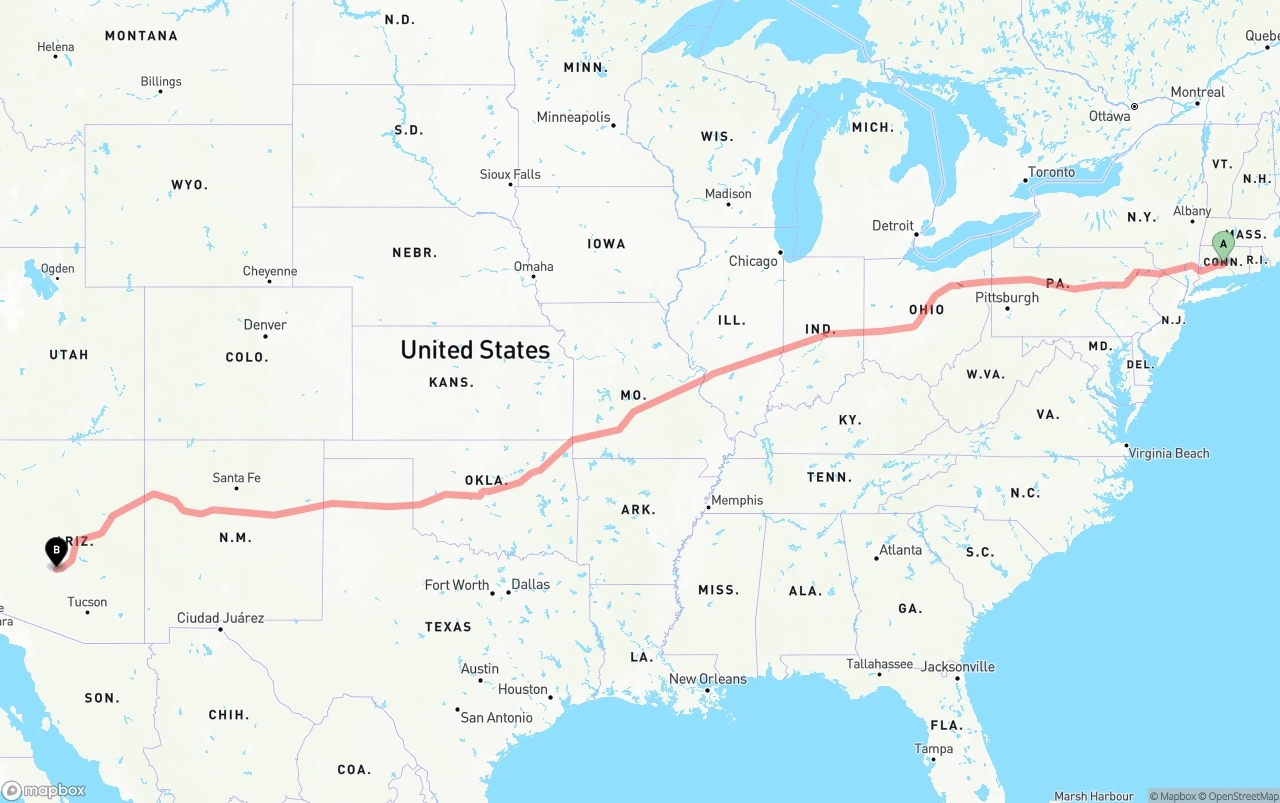 Shipping route from Connecticut to Phoenix Sky Harbor International Airport
