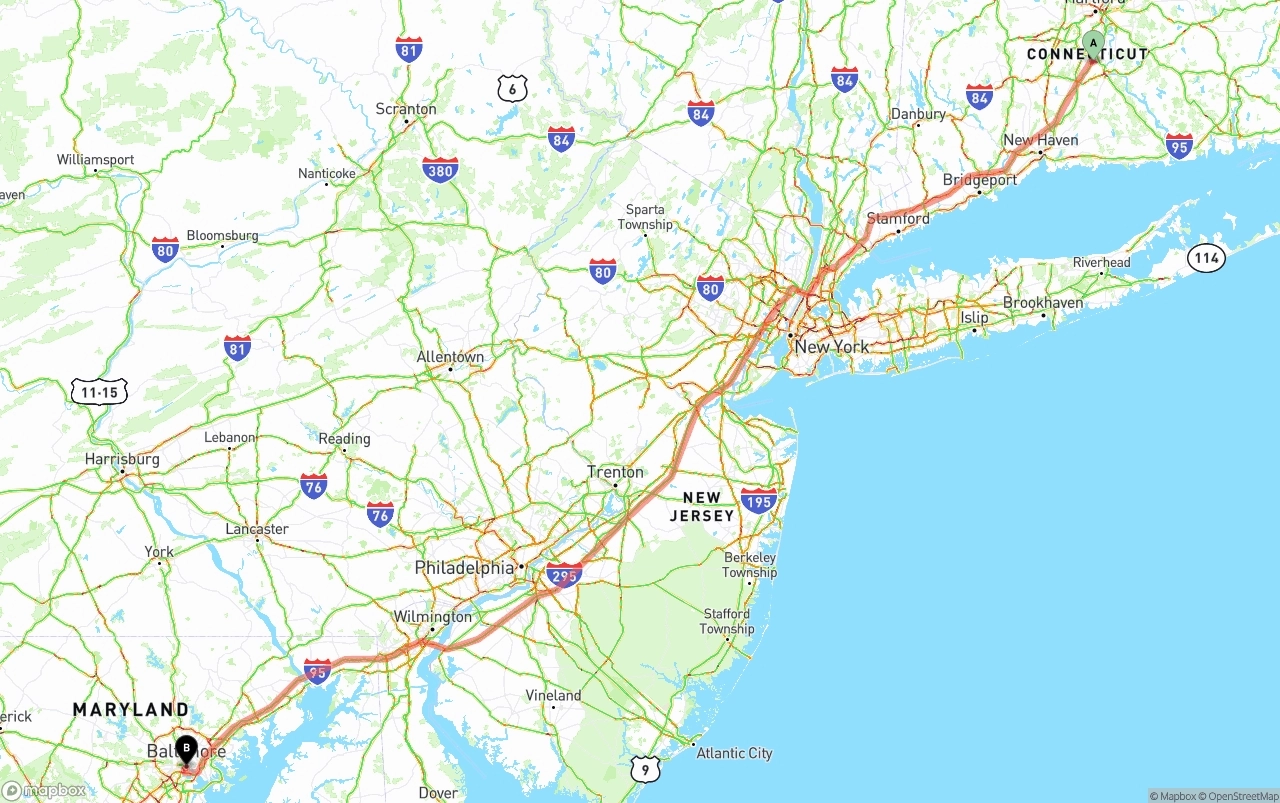 Shipping route from Connecticut to Port of Baltimore