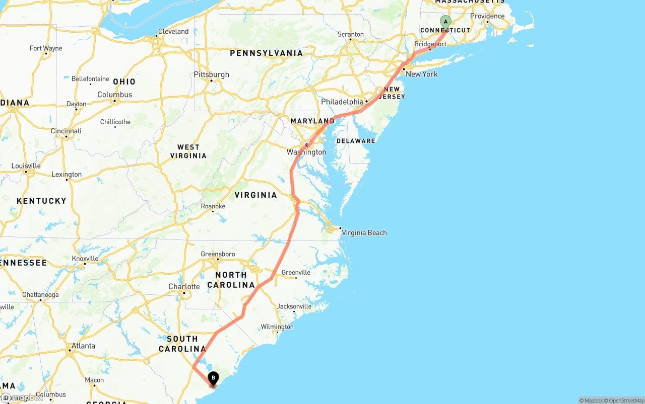 Shipping route from Connecticut to Port of Charleston