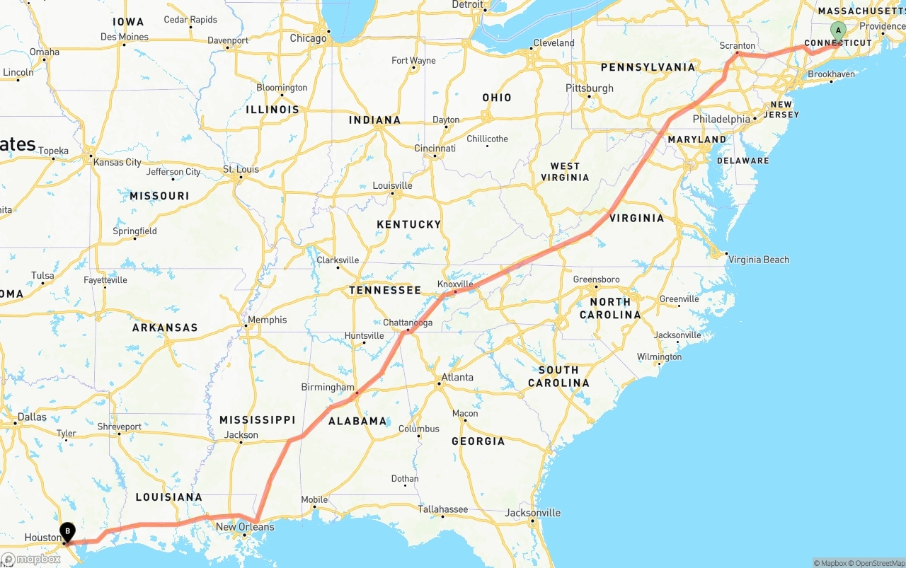 Shipping route from Connecticut to Port of Houston