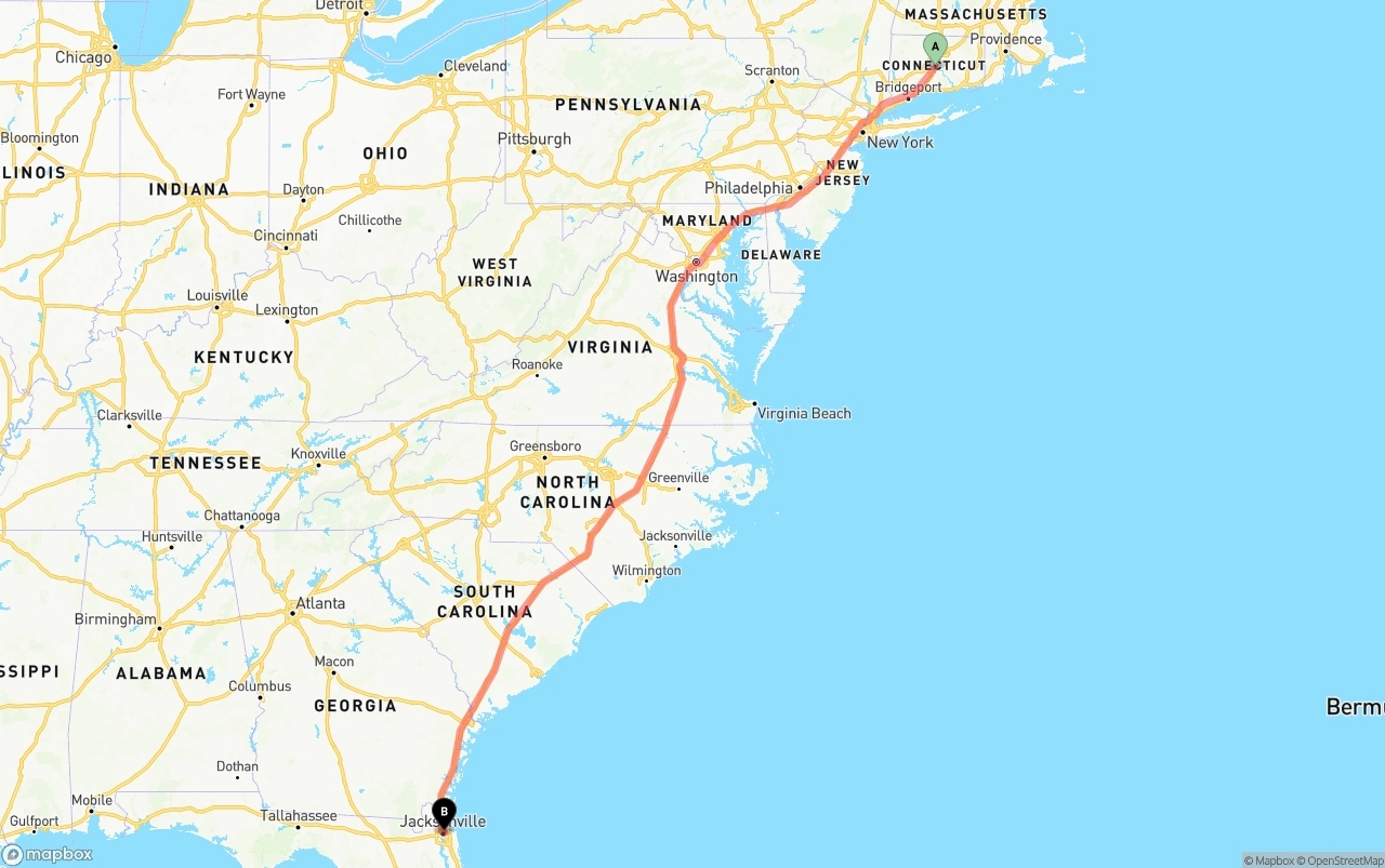 Shipping route from Connecticut to Port of Jacksonville