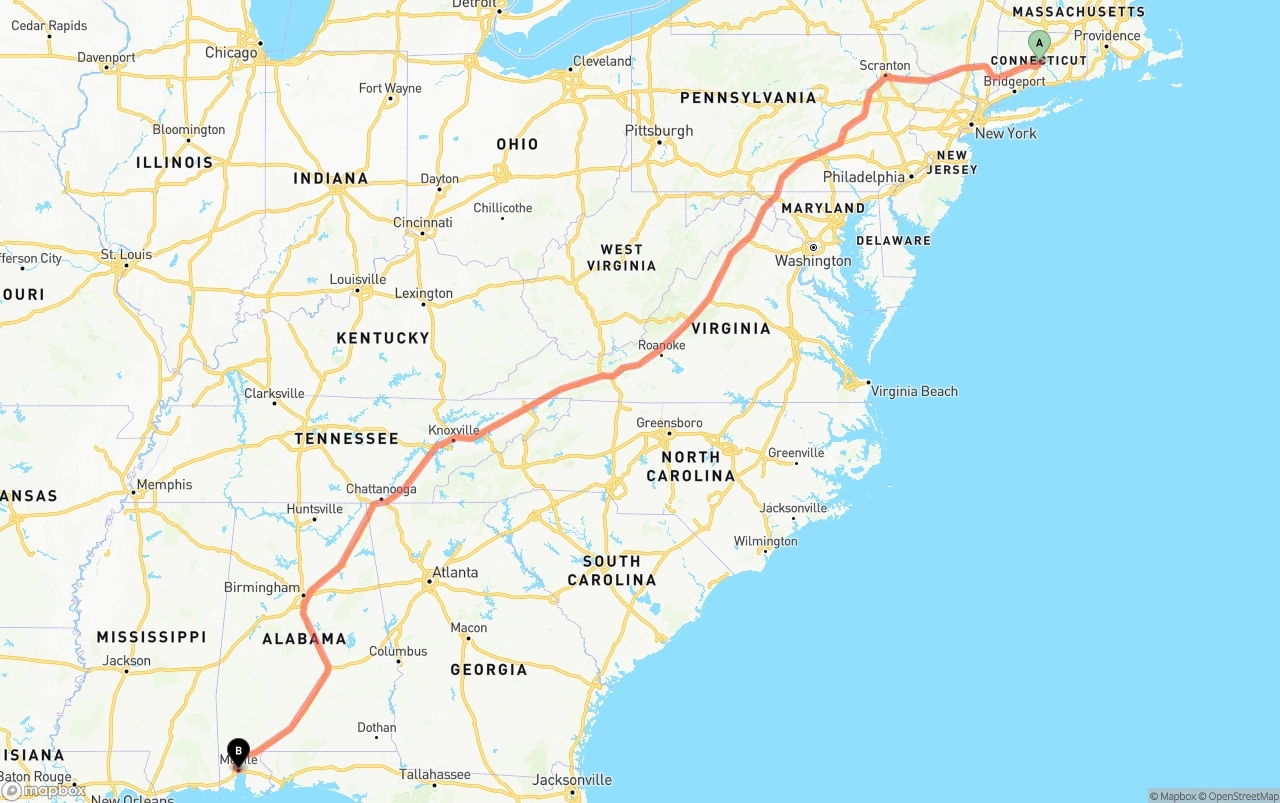 Shipping route from Connecticut to Port of Mobile