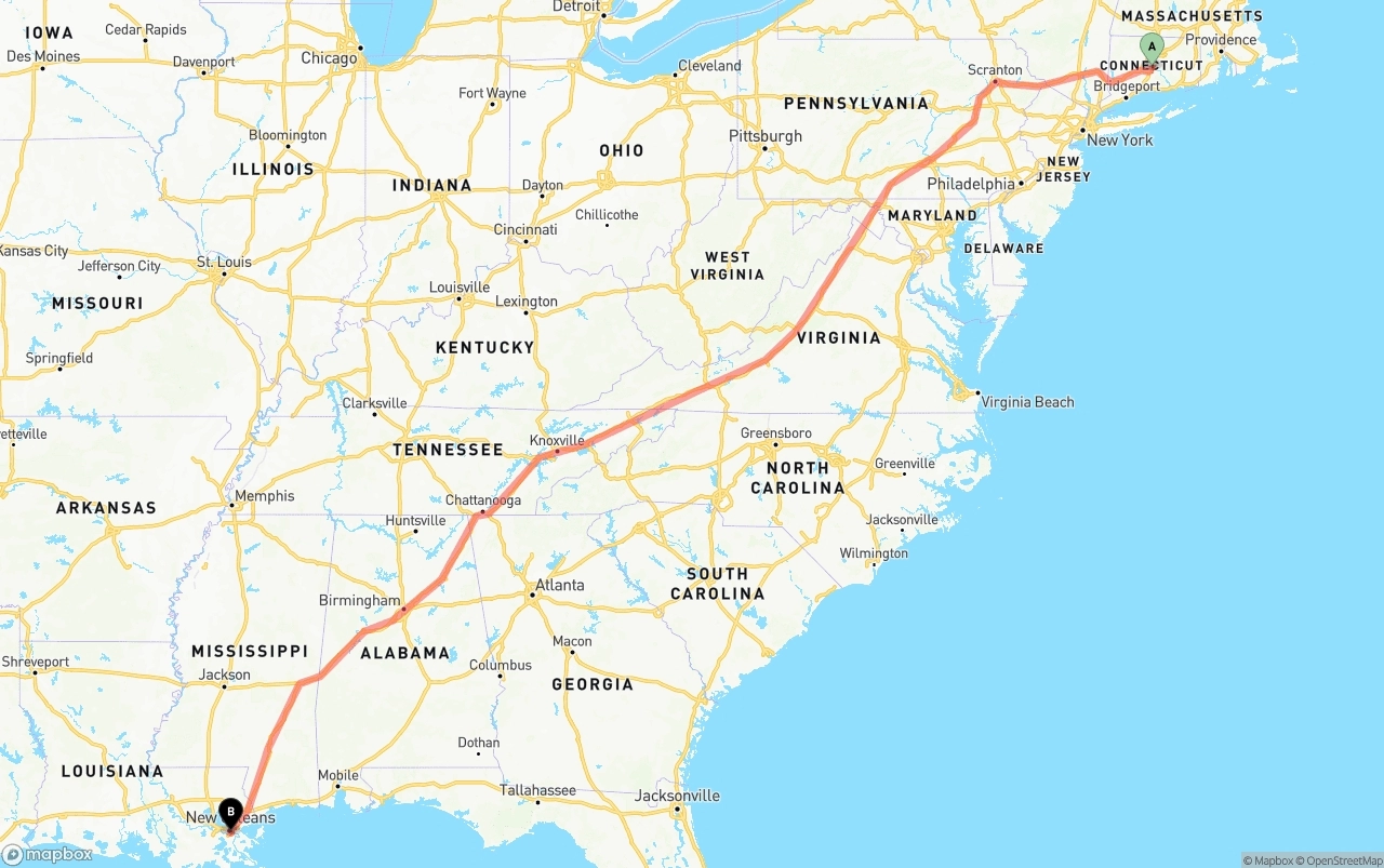 Shipping route from Connecticut to Port of New Orleans