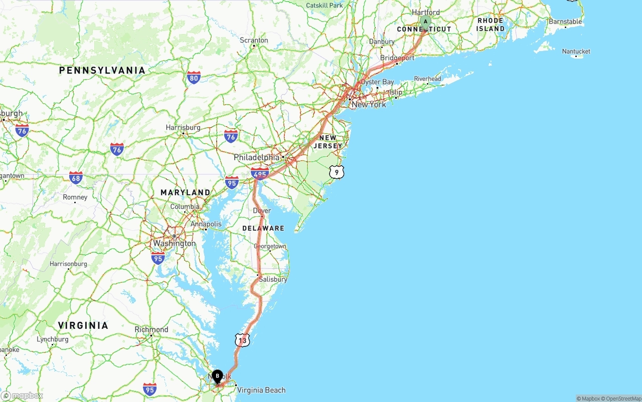 Shipping route from Connecticut to Port of Norfolk