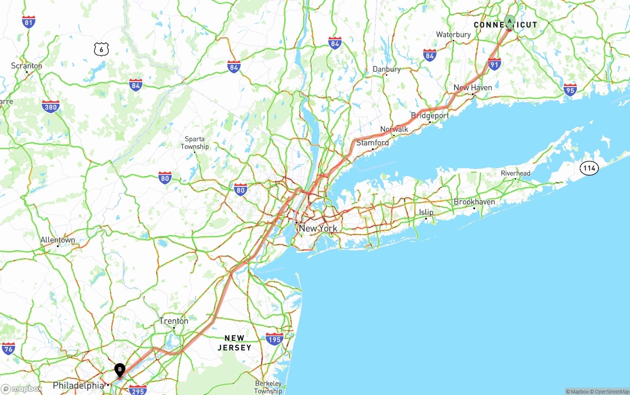 Shipping route from Connecticut to Port of Philadelphia