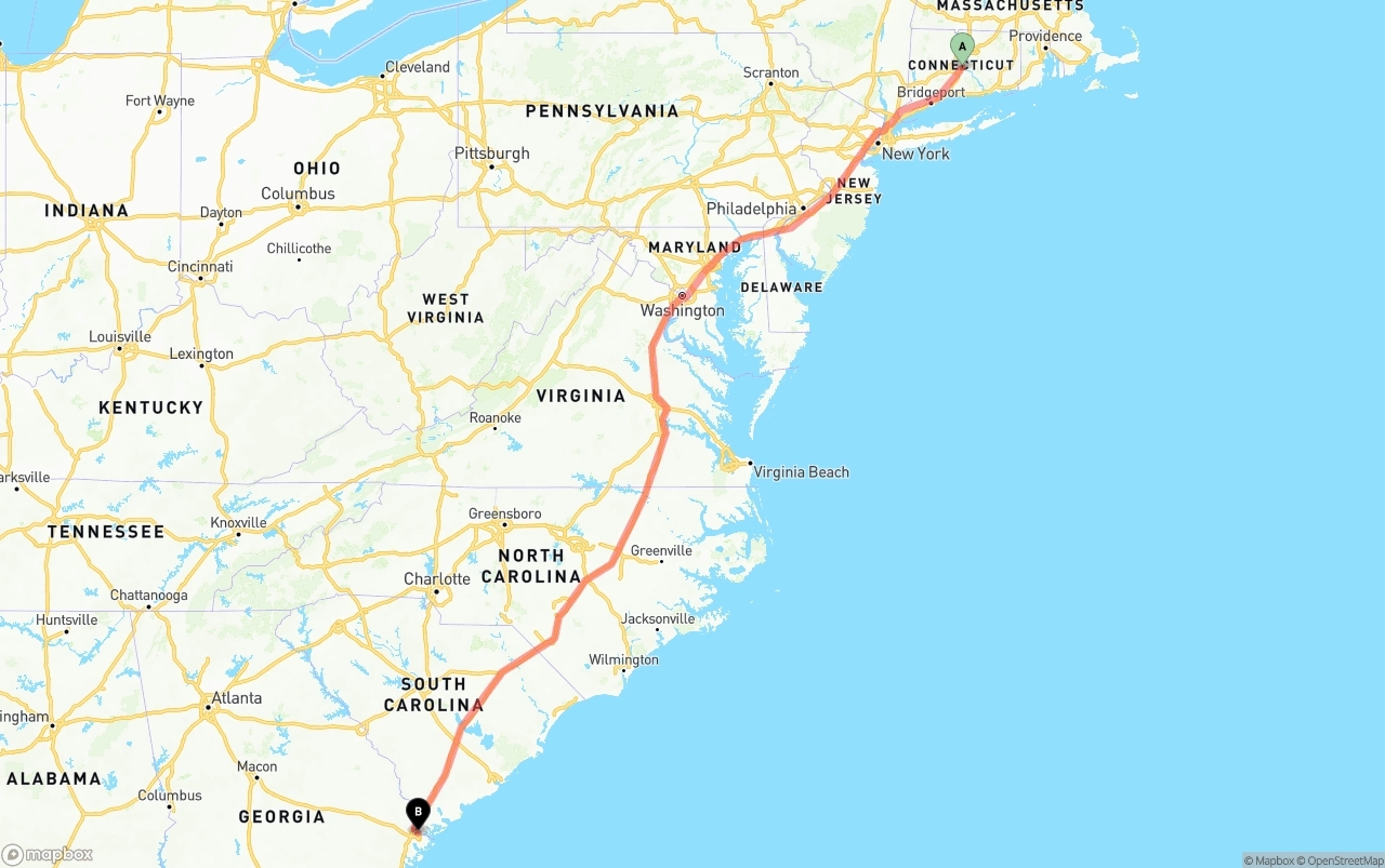 Shipping route from Connecticut to Port of Savannah